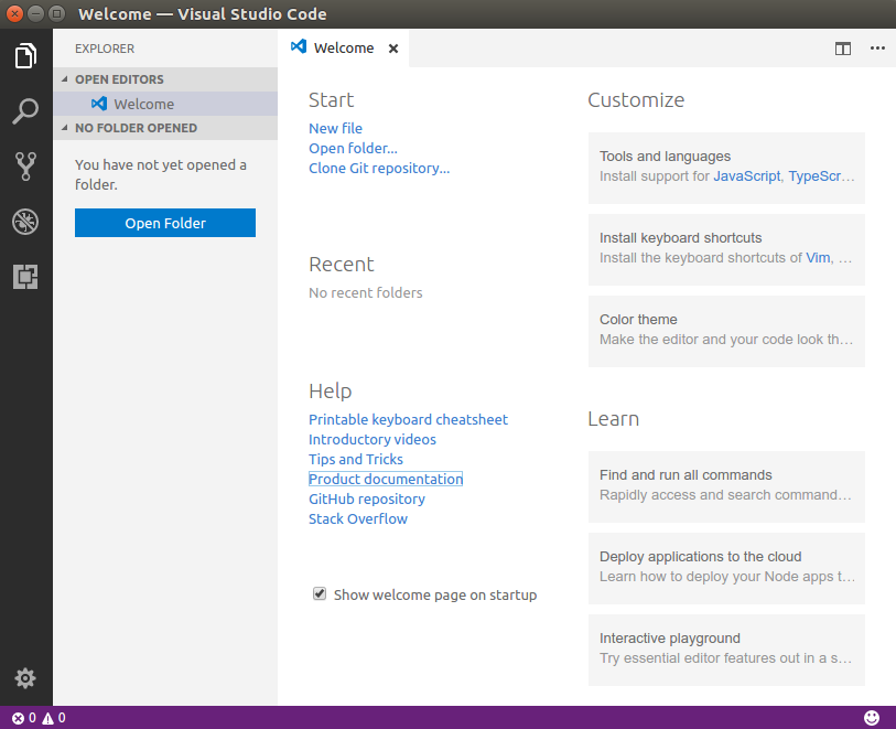 Visual Studio Code welcome screen