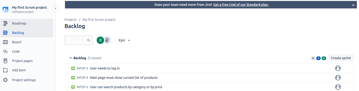 JIRA backlog