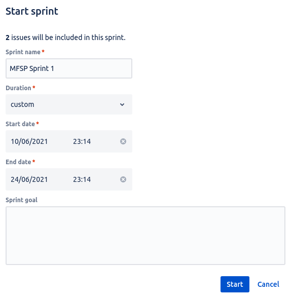 JIRA sprint start