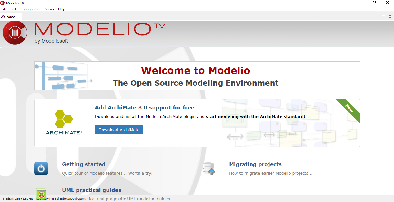 Modelio welcome screen