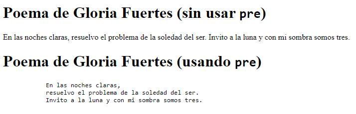 Ejemplo de uso del elemento pre