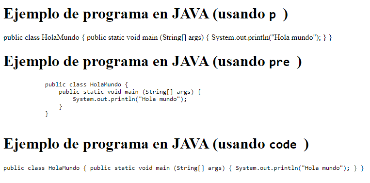 Diferencias en el uso del elemento pre y code