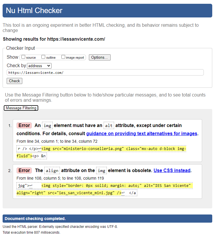 Ejemplo de uso de Nu HTML Checker