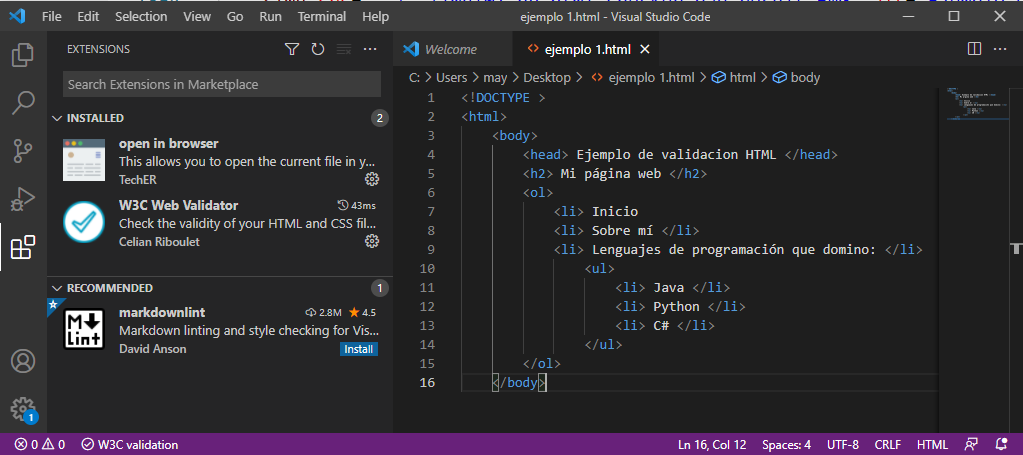 VSCode con W3C Web Validator instalado