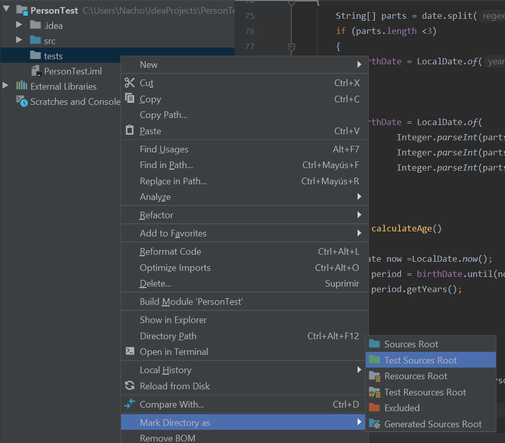 Create test folder in IntelliJ