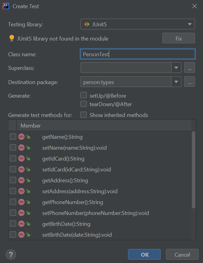 New JUnit test in IntelliJ